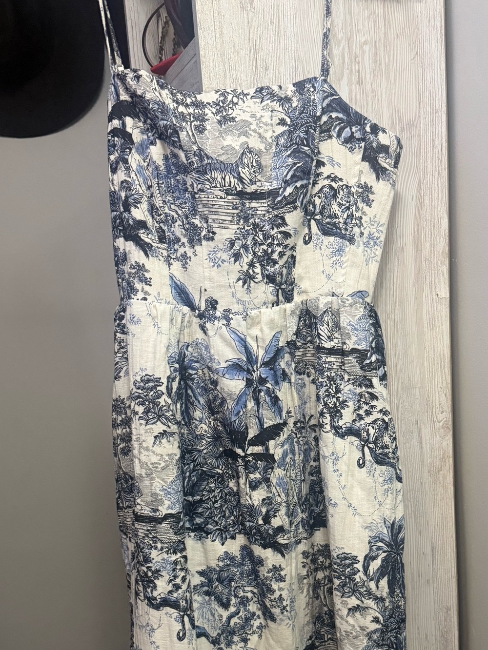 H&M Blue & White Strapless Toile Print Dress